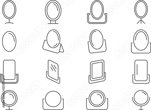 Collection of 16 minimalist line art mirror icons. Perfect for websites, apps, and branding related to beauty, fashion, and selfcare.  Versatile designs suitable for various styles and applications.