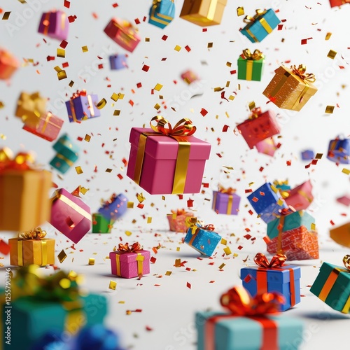 Colorful Presents Falling, Celebration, Festive Gifts
