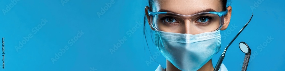 A person wearing personal protective equipment (PPE) including a surgical mask and goggles for medical or scientific use A person wearing personal protective equipment (PPE) including a surgical mask and goggles for medical or scientific use