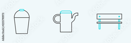 Set line Bench, Bucket and Watering can icon. Vector