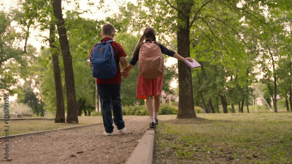 Children with school backpacks walking in the park, boy girl in the children's park in summer, schoolchildren going to school for a lesson, friendly children boy girl walking together along the path Children with school backpacks walking in the park, boy girl in the children's park in summer, schoolchildren going to school for a lesson, friendly children boy girl walking together along the path