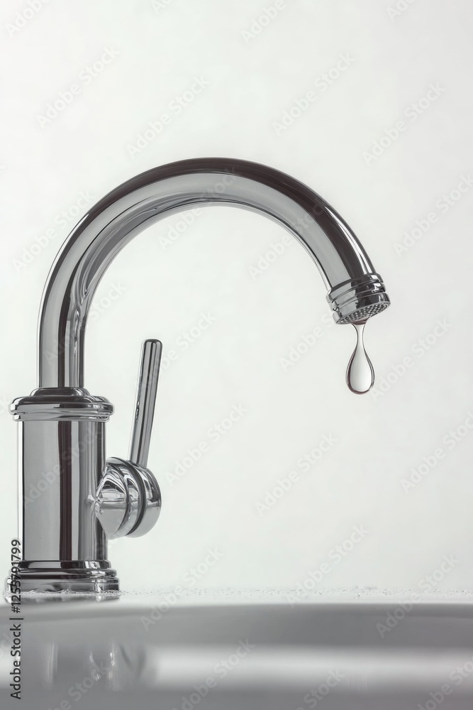 A modern faucet with a small drop of water flowing out, suitable for use in various scenes such as kitchen or bathroom settings A modern faucet with a small drop of water flowing out, suitable for use in various scenes such as kitchen or bathroom settings