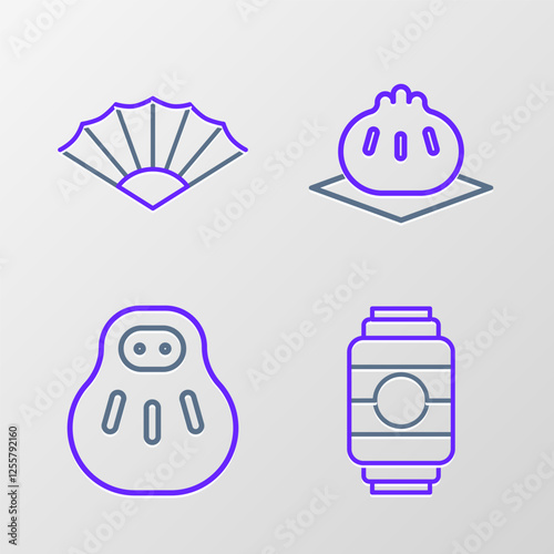 Set line Japanese paper lantern, Maneki neko cat, Khinkali on cutting board and Paper chinese or japanese folding fan icon. Vector