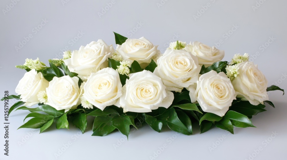 A luxurious arrangement of white roses with elegant accents, surrounded by soft greenery and negative space for copy. A luxurious arrangement of white roses with elegant accents, surrounded by soft greenery and negative space for copy.