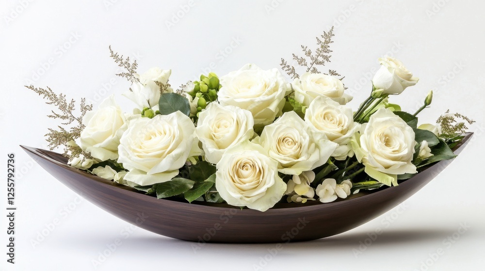 Obraz premium A luxurious arrangement of white roses with elegant accents, surrounded by soft greenery and negative space for copy.