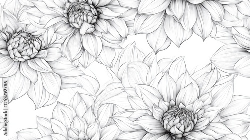 Wallpaper Mural Seamless pattern with black line art of dahlia flowers, line drawing Torontodigital.ca