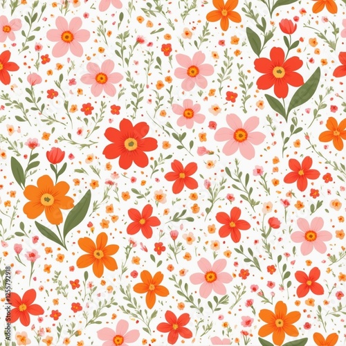 Wallpaper Mural Floral pattern. Pretty flowers on a white background. Printing with small orange, red, and pink flowers. Ditsy print. Spring Bouquet.A white background, red and orange small flowers pattern. Torontodigital.ca