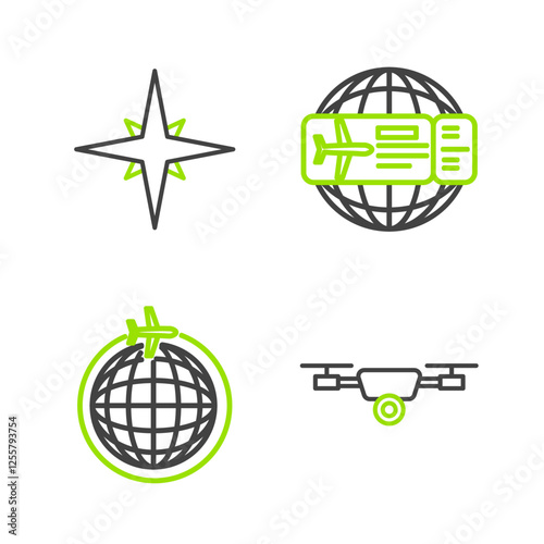 Set line Drone flying with action video camera, Globe plane, Airline ticket and Wind rose icon. Vector