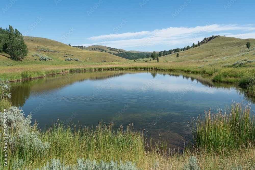Peaceful Lake Surrounded by Lush Green Hills and Clear Blue Sky Peaceful Lake Surrounded by Lush Green Hills and Clear Blue Sky