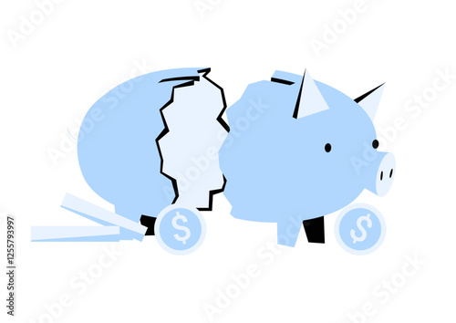 Broken Piggy Bank In Flat Vector Illustration Symbolizing Financial Crisis, Savings Loss, Bankruptcy, And Money Management Issues, Isolated On White Background