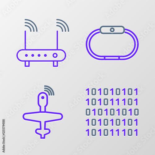 Set line Binary code, UAV Drone, Smartwatch and Router and wi-fi signal icon. Vector