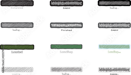 Handdrawn loading bar icons in various stages completed, loading, finished, loaded.  Perfect for website design, app interfaces, and presentations needing a quirky, informal touch.