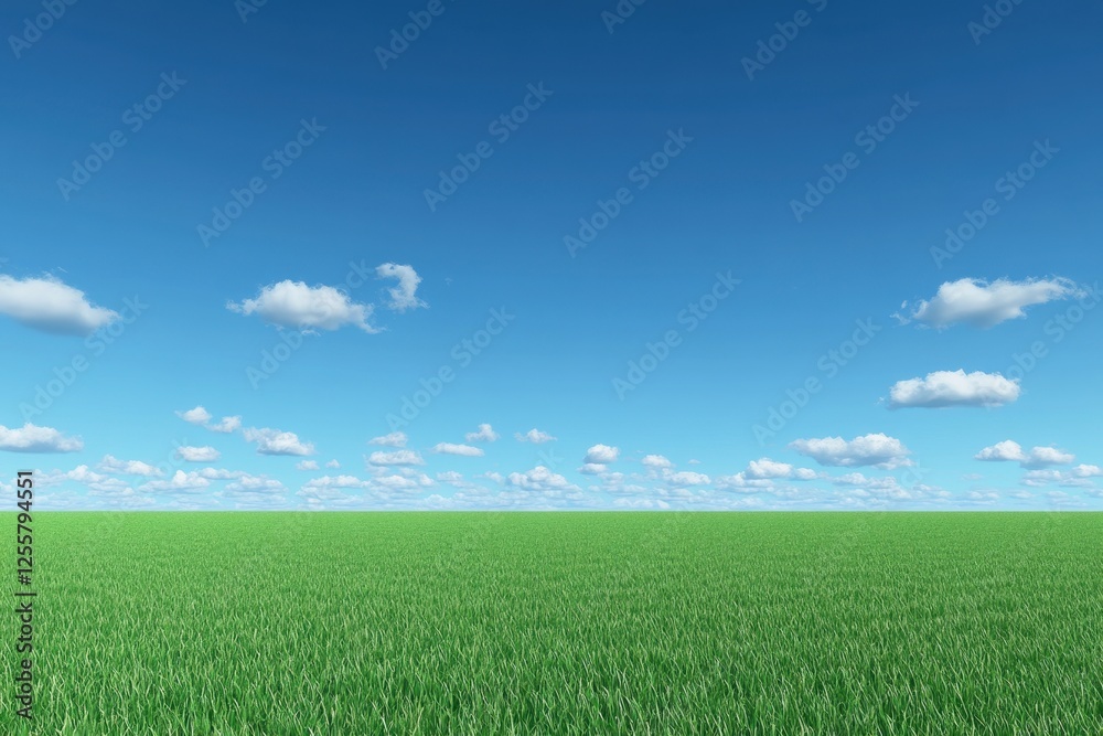 Fresh Green Grass Field Under a Blue Sky with Fluffy Clouds Fresh Green Grass Field Under a Blue Sky with Fluffy Clouds