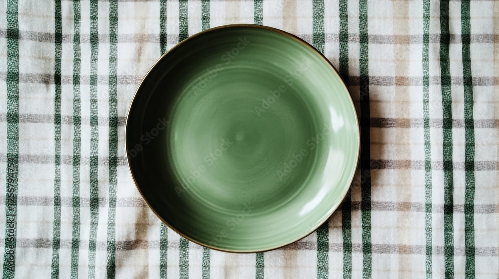 Green plate on checkered tablecloth, overhead view Green plate on checkered tablecloth, overhead view
