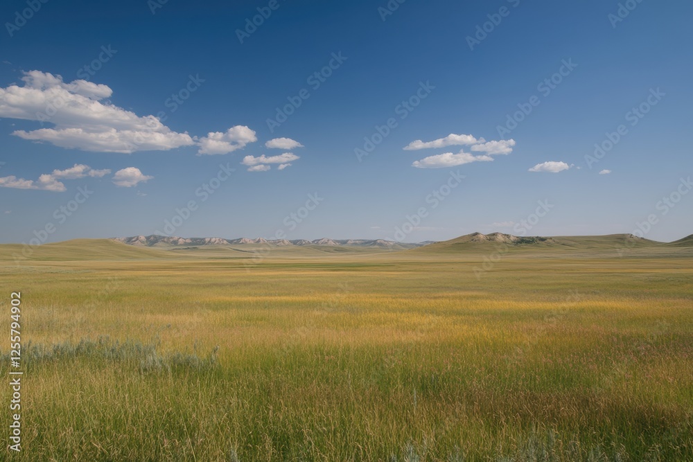 Beautiful Vast Grassland Under Blue Sky with Fluffy Clouds