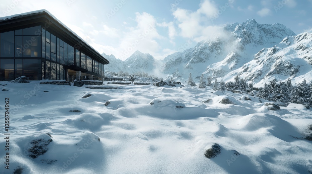 Fototapeta premium A breathtaking image of a modern cabin surrounded by snowy mountains, exuding tranquility and elegance within a stunning wintry landscape.
