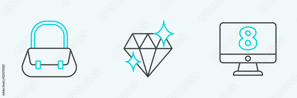 Set line 8 March on monitore, Handbag and Diamond icon. Vector Set line 8 March on monitore, Handbag and Diamond icon. Vector
