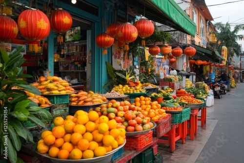 A colorful street market featuring foods and souvenirs from different cultures worldwide
