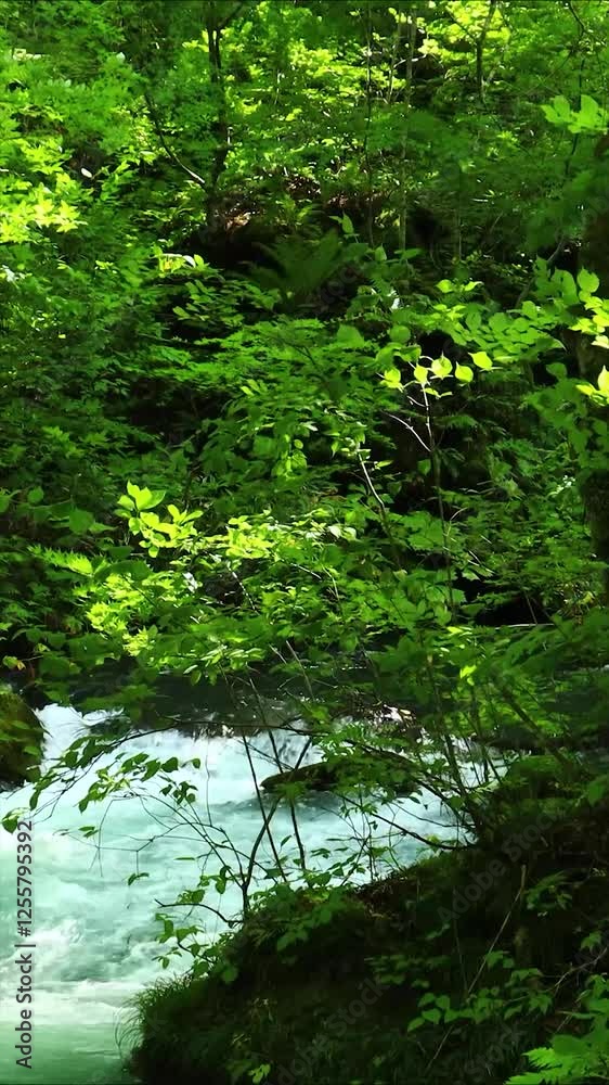 青森県　奥入瀬渓流　8月　風景　縦