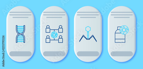 Set line Virus spread, Bacteria bacteriophage, DNA symbol and Bottle with virus icon. Vector