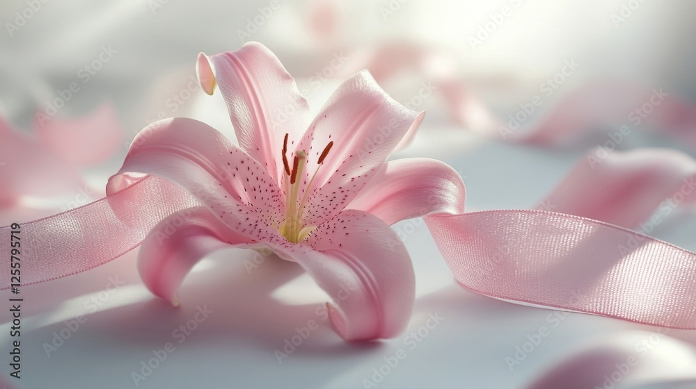 Fototapeta premium Pink Lily Blossom with Delicate Ribbon on White Background