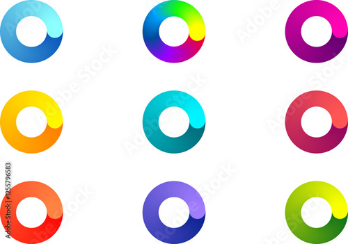 Nine vibrant, gradientfilled circles, each a unique color,  perfect for website design, app interfaces, or infographics.  Clean, modern aesthetic.