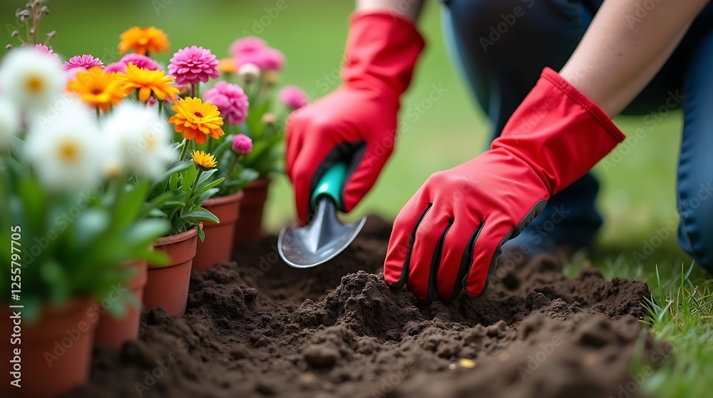 Fototapeta premium Gardening close-up, person planting flowers,