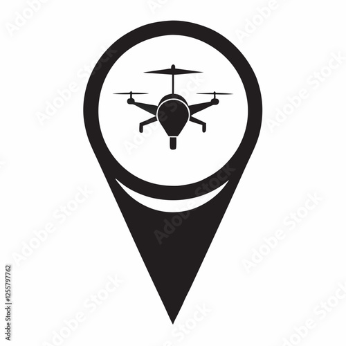 Drone icon inside location pin marker. Minimalist black and white design perfect for aerial services. 