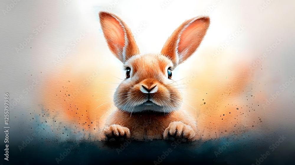 Fototapeta premium Delicate watercolor painting of a rabbit peeking out from a sun dappled woodland scene with luminous layered washes and an impressionist technique creating a peaceful and contemplative mood