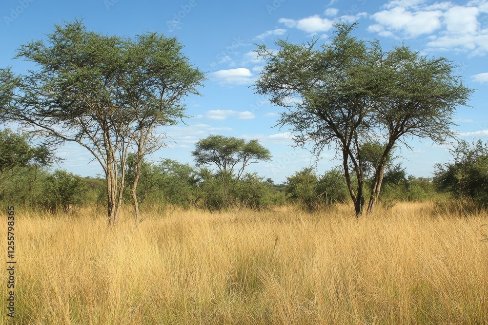 Fototapeta premium Serene Landscape of Golden Grasslands under Clear Blue Sky