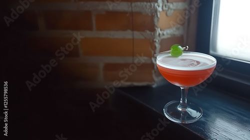 Sophisticated cocktail in coupe glass, garnished with a green olive, sits on a dark wood surface against a blurred brick wall.  Perfect for menus, websites, or beverage advertising.
