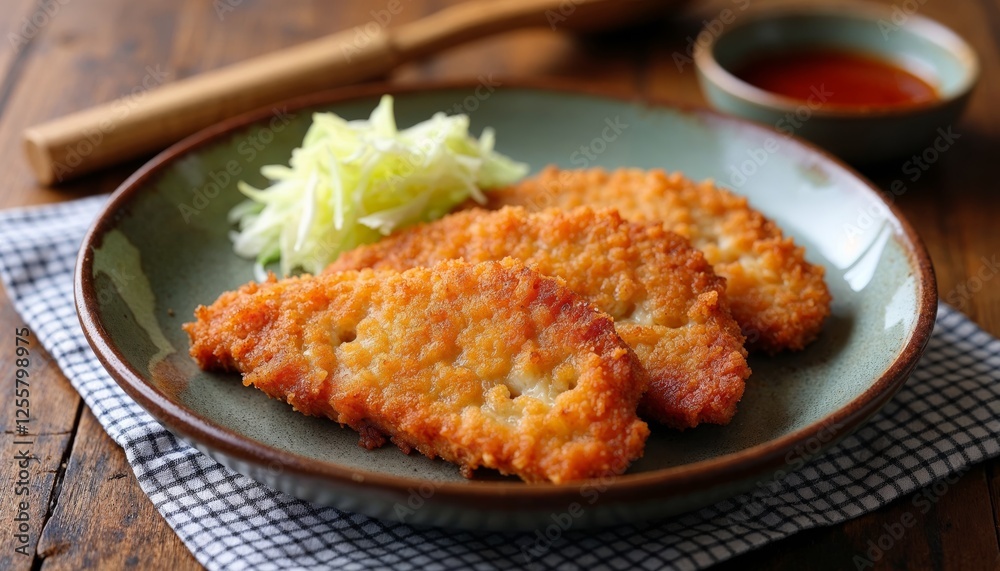 Crispy golden tonkatsu served with fresh cabbage and dipping sauce Crispy golden tonkatsu served with fresh cabbage and dipping sauce
