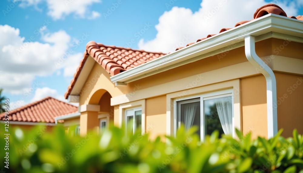 Naklejka premium Sunny view of a charming residential house with terracotta roof and greenery in foreground