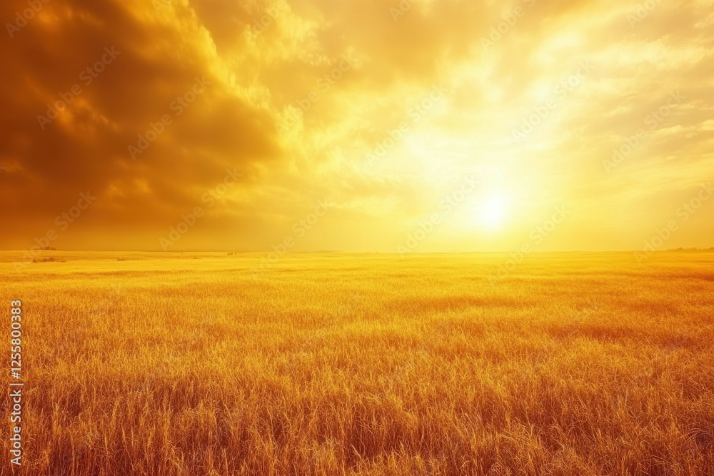 Golden Wheat Field Under Dramatic Sky at Sunset in Rural Landscape Golden Wheat Field Under Dramatic Sky at Sunset in Rural Landscape