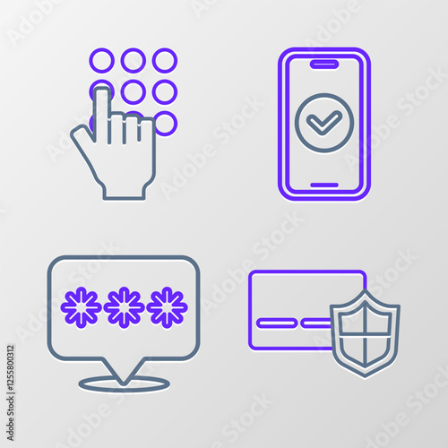 Set line Credit card with shield, Password protection, Smartphone and icon. Vector