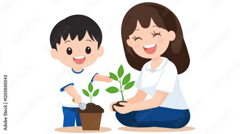 Happy Mother & Son Planting Sapling, Eco-Friendly Illustration Happy Mother & Son Planting Sapling, Eco-Friendly Illustration