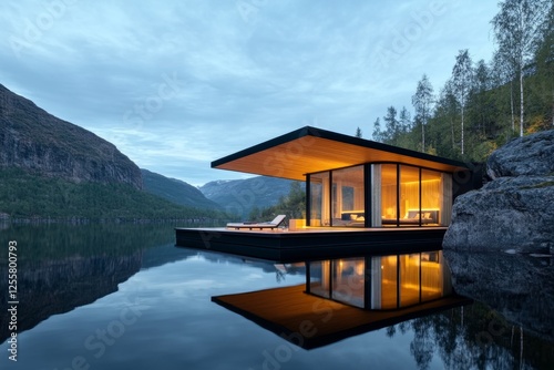 A floating house accommodation on a calm lake, surrounded by nature
