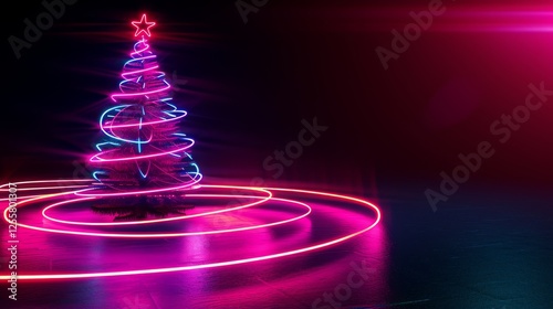 Wallpaper Mural A sleek neon Christmas tree with a glowing spiral design, encircled by vibrant pink and blue lights, creating a modern and stylish holiday ambiance. AI generated. Torontodigital.ca