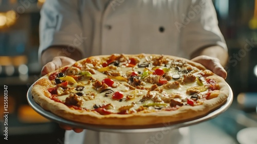 Chef Presenting Freshly Baked Pizza with Various Toppings in Restaurant