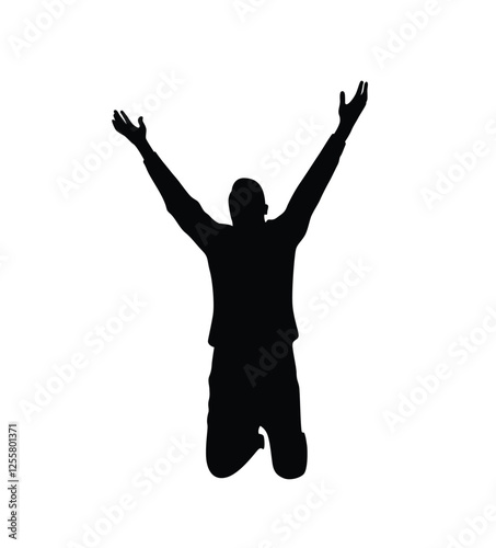 Religious Man on the Knees Raising Hands in Prayer Silhouette. Religion and faith concept vector art