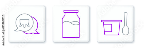 Set line Yogurt container with spoon, Udder and Bottle milk icon. Vector
