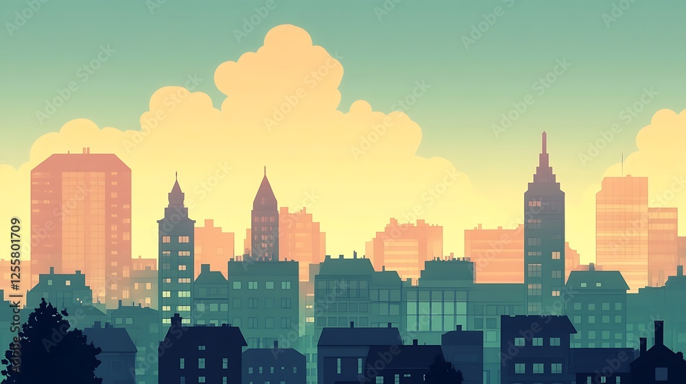 Obraz premium City Skyline at Sunrise Golden Hues and Clouds