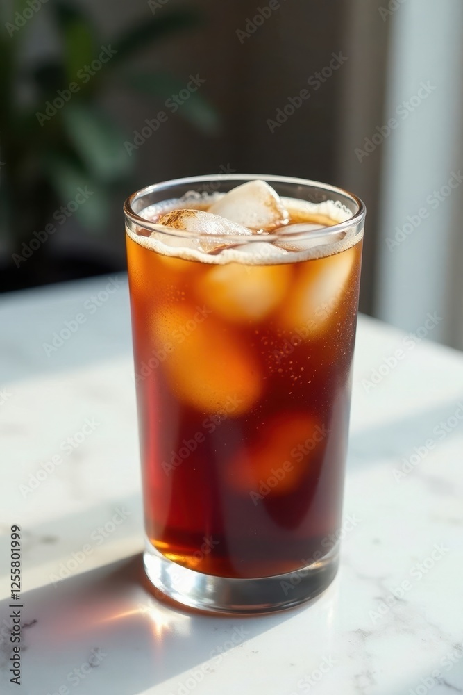 Iced cold brew coffee in glass, white marble table, marble, cold brew, ice Iced cold brew coffee in glass, white marble table, marble, cold brew, ice