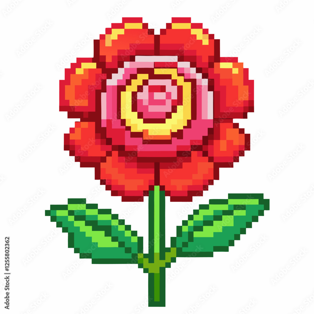 Colorful Pixel Art Flower   Retro Style Vibrant Red Blossom with Green Leaves