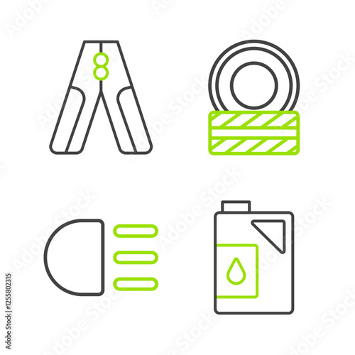 Set line Canister for motor oil, High beam, Car tire wheel and battery jumper power cable icon. Vector