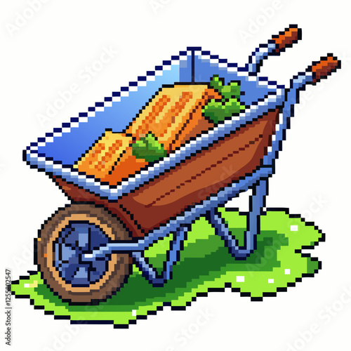 Pixel Art Wheelbarrow with Firewood and Leaves on Grass   Retro Video Game Style