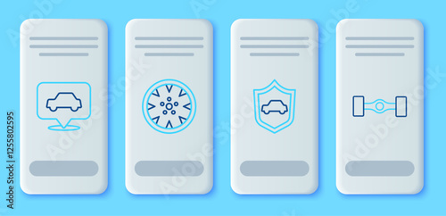 Set line Alloy wheel, Car with shield, service and Chassis car icon. Vector