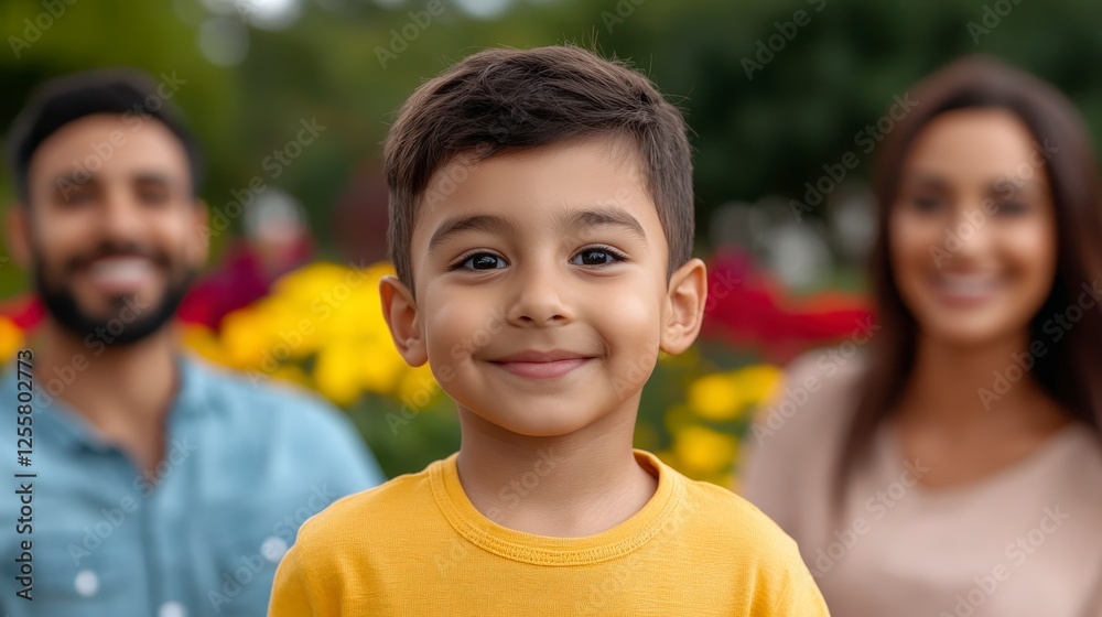 Smiling Child in Bright Yellow Shirt Surrounded by Colorful Flowers and Family Smiling Child in Bright Yellow Shirt Surrounded by Colorful Flowers and Family