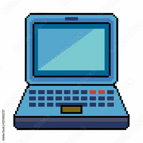 Retro Pixel Art Laptop Icon, Blue Vintage Computer Graphic for 8 bit Styled Digital Illustrations