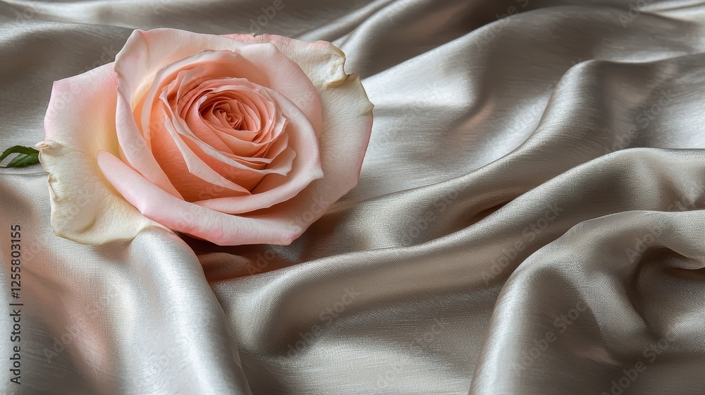 A single pink rose with curled petals, placed on a smooth silk fabric with text space beside it.